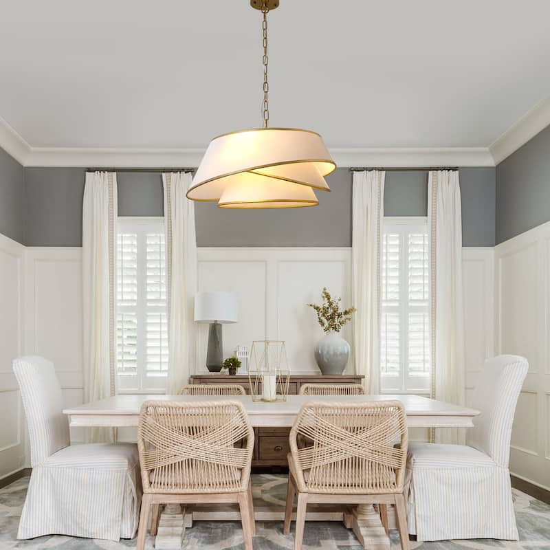 Cusp Barn 24 Inch 4-Light Drum Chandelier, Fabric Linen Shade Ceiling Light Fixture, Gold Tri-layer Kitchen Island Pendant Light