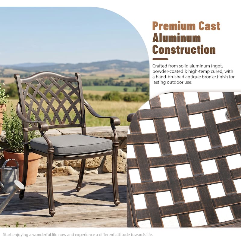Outdoor Dining Chairs Bronze Cast Aluminum French European Inspired Design with Cushion Set of 2