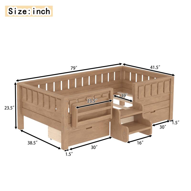 Full/Twin Loft Bed with Storage Drawers, Safety Staircase & Rails