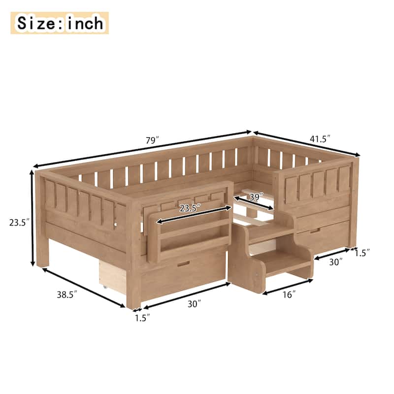 Multiple Colors Toddler Montessori Bed Children's Platform Bed with Low Profile Stairs, Built-in Bookshelf and Storage Drawers