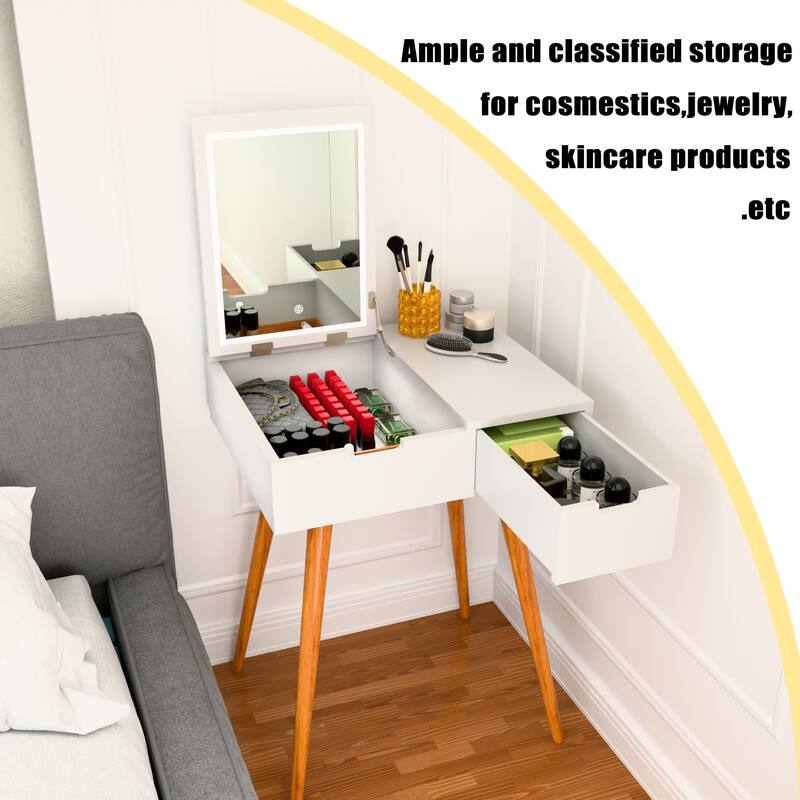 Small Makeup Vanity Table, Dresser Desk With 2 Drawers,Flip Top Mirror Organizer,Makeup Dressing Table