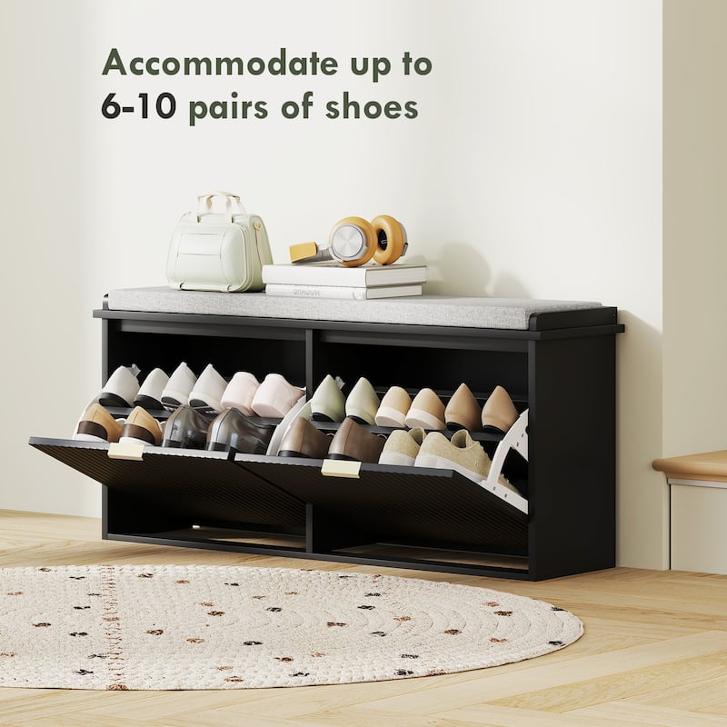Cushion Seating Shoe Bench with Storage Drawers and Beadboard Panel Perfect Holds Up to 10 Pairs - 40.9" W x 10.2" D x 18.7" H