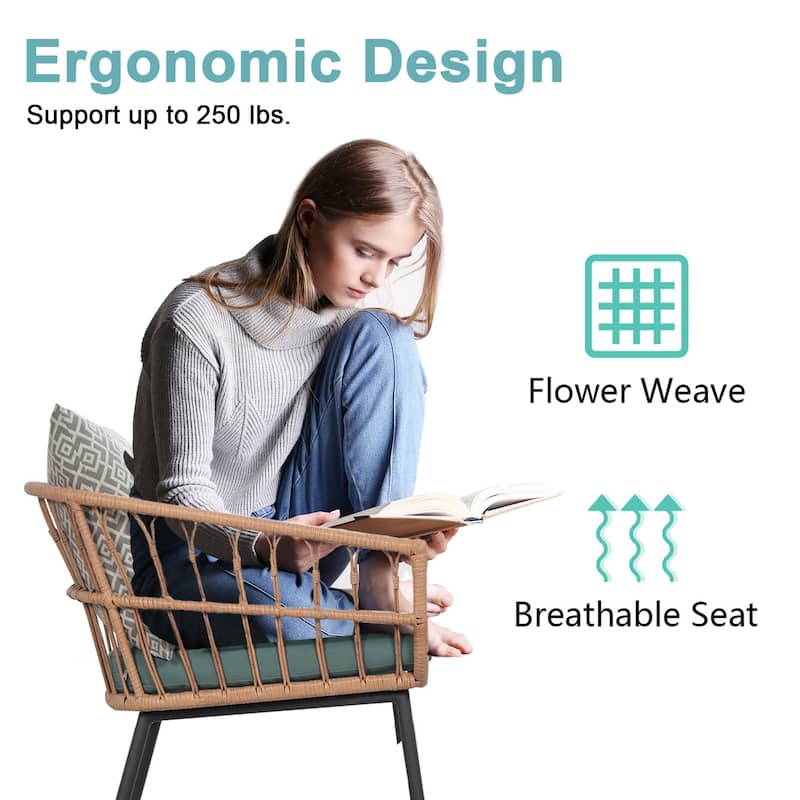 Outdoor 3 Piece Conversation Bistro Set with Tempered Coffee Table and Wicker Chairs (Green)