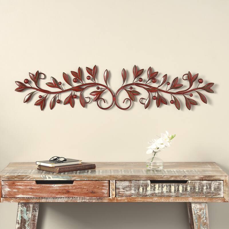 Metal Leaf Long Horizontal Vine Home Wall Decor - Red or Green - Roche River Decor