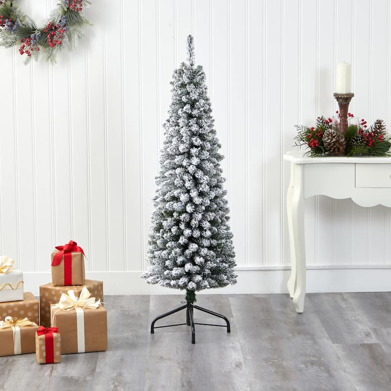 5ft. Flocked Pencil Artificial Christmas Tree with 318 Branches - Sleek Snowy Seasonal Holiday X-Mas Tree