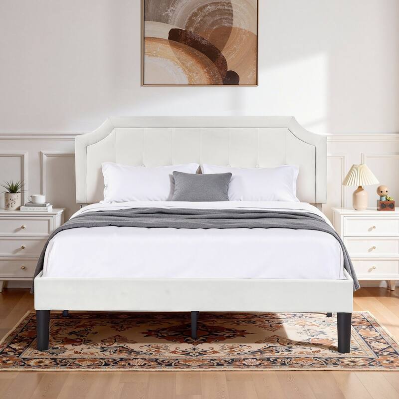 VECELO Adjustable Height Upholstered Platform Bed Button Tufted Headboard with Under Bed Storage No Box Spring Needed Bed Frame - Queen - White