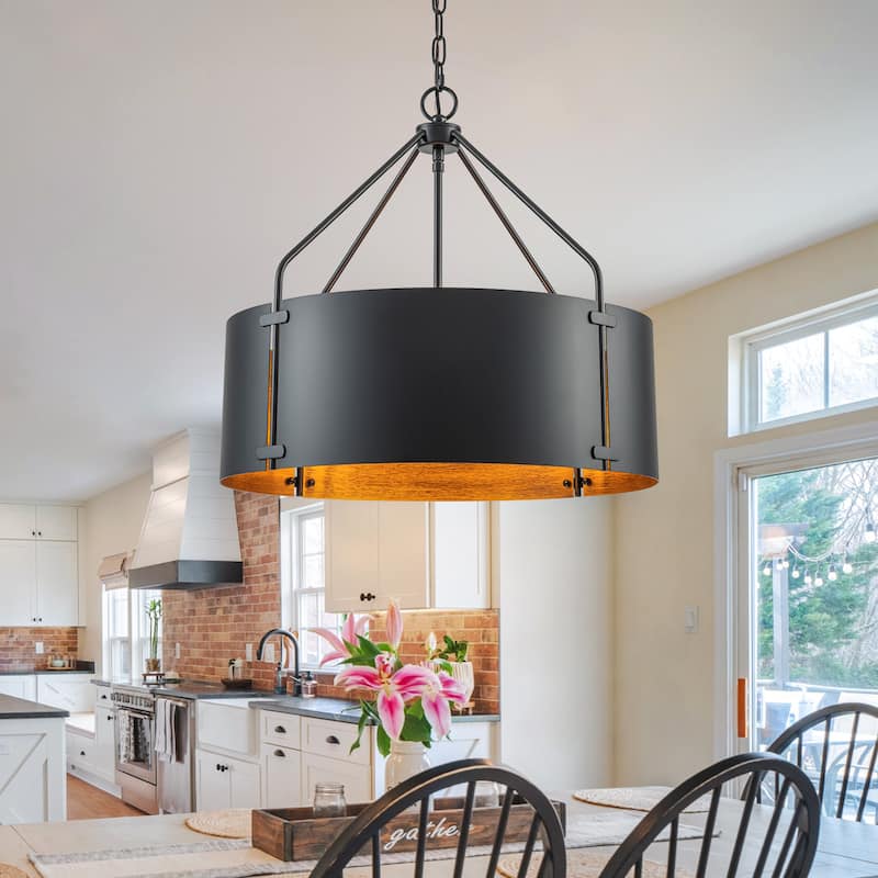 4-Light Modern Industrial Drum Pendant Light with Bronze Finish - W22.05" - Black