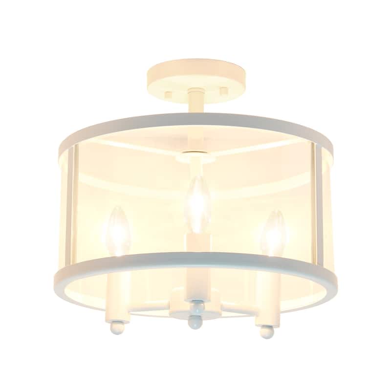 3-Light Semi Flush Mount Ceiling Light - Industrial Glass Shade, Modern Farmhouse Design, Matte White Finish - 12.5