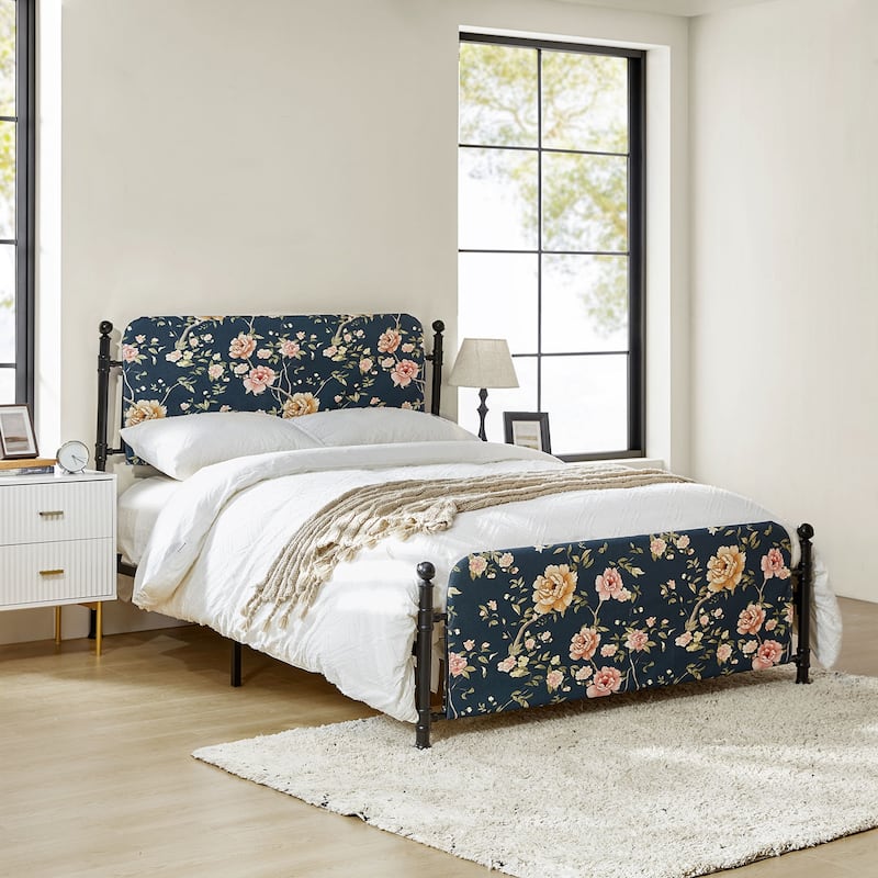 Diana Transitional 62" Floral Upholstered Platform Metal Bed Frame with Washable Slipcover by HULALA HOME