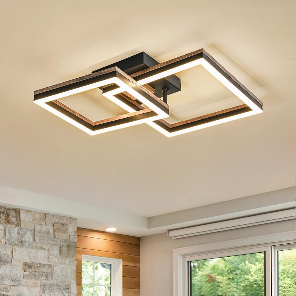 2 - Light Farmhouse Integrated LED Rectangle Wood Flush Mount Ceiling Light - W13.4"
