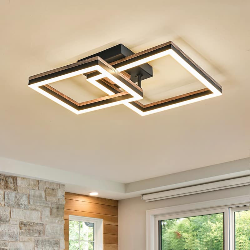 2-Light Farmhouse Integrated LED Rectangle Wood Flush Mount Ceiling Light - W13.4" - W13.4"