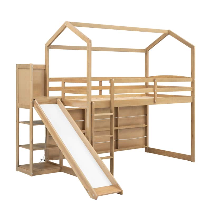 Twin House Loft Bed with Slide, Shelves, and Light for Kids