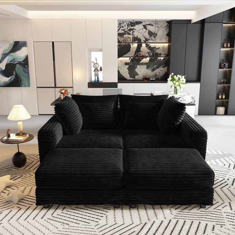 102.4" Corduroy Couch with Ottomans, 4 Seat Convertible Modular Sectional Sofa, Upholstered Couches with Pillows for Living Room