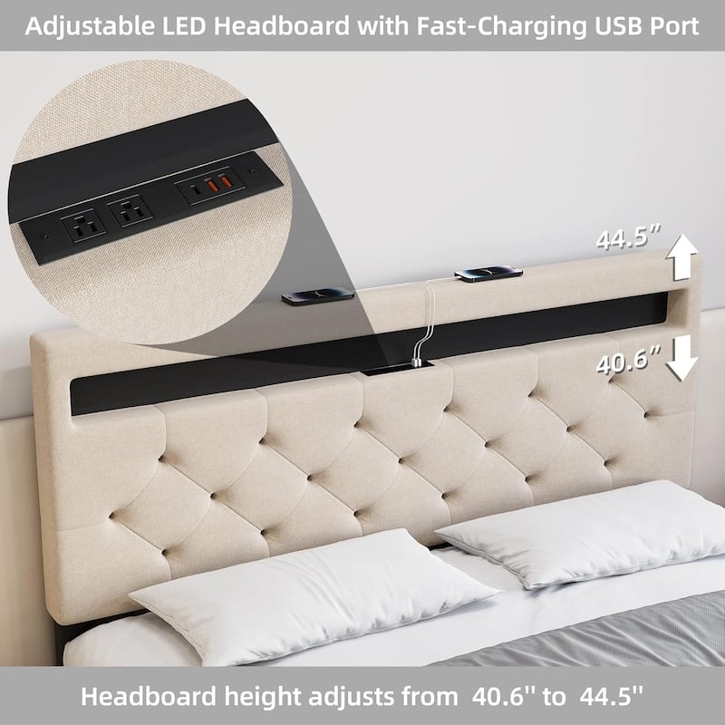 Upholstered Bed Frame with Storage Headboard, LED Lights, Charging Station & Wood Slats, Easy Assembly