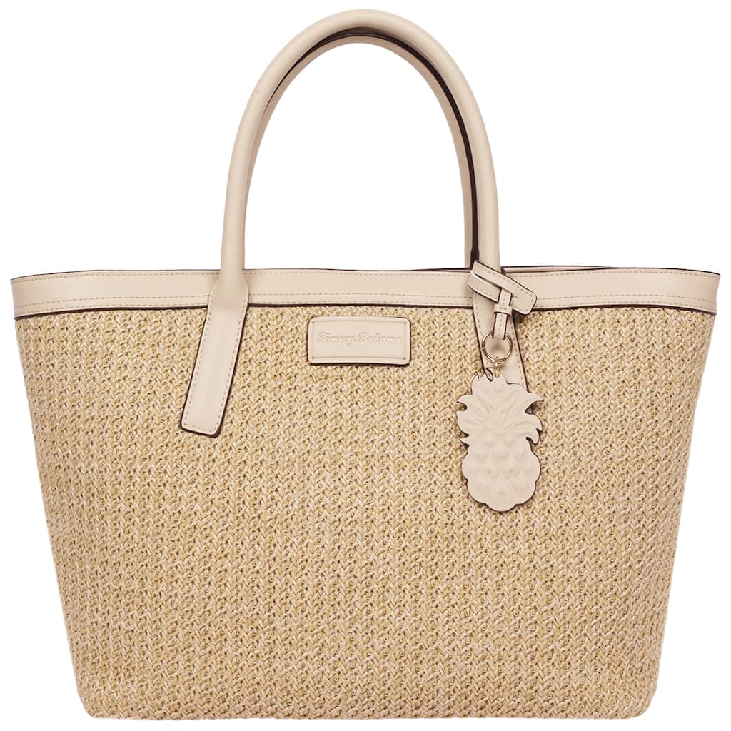 Tommy Bahama Raffia & PU Large Logo Tote - Woven Straw Beach Tote with Pineapple Charm