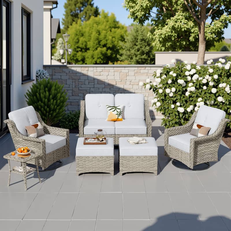 HOOOWOOO 6-piece Wicker Furniture Patio Loveseat Sofa Conversation Set with Swivel Chair