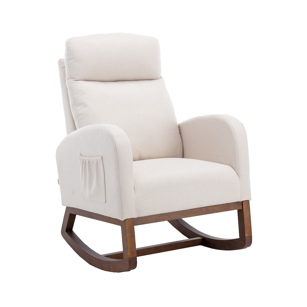Beige High Back Rocking Chair Nursery Chair Comfortable Rocker Fabric Padded Seat