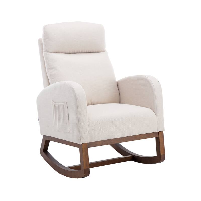 Modern Accent Upholstered Rocking Rocker High Back Arm Chair with Wooden Frame Side & Pockets for Living Room - Beige