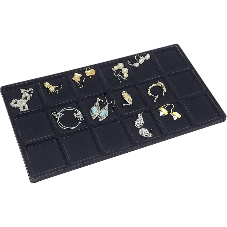 Natural Wood Glass Top Jewelry Display Case Accessories Storage Box with Metal Clasp & Removable 18 Compartments - S
