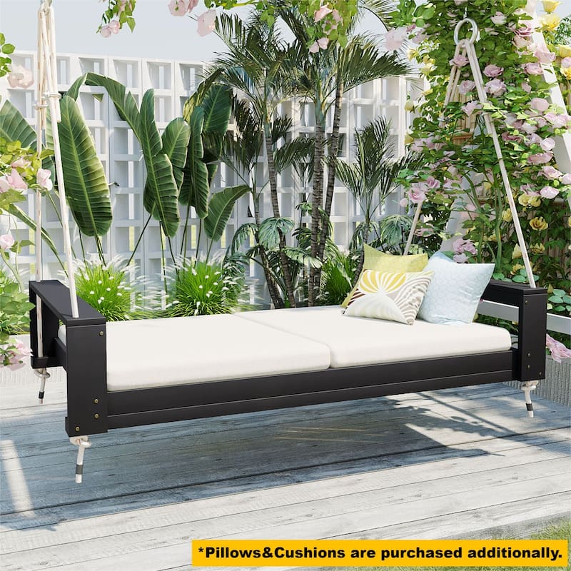 Twin Size Patio Acacia Wood Swing Frame with Hemp Ropes