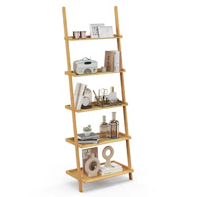 Gymax 5-Tier Bamboo Ladder Shelf Wall-Leaning Bookshelf Display