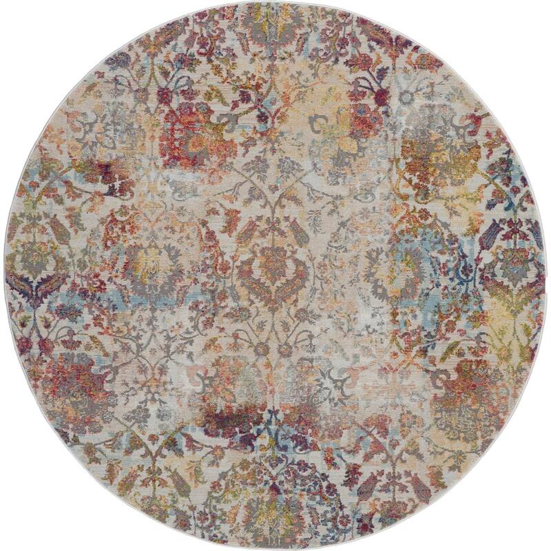 HomeRoots 6' Ivory Gray and Orange Floral Distressed Non Skid Round Rug - 72' X '72' X '0.5