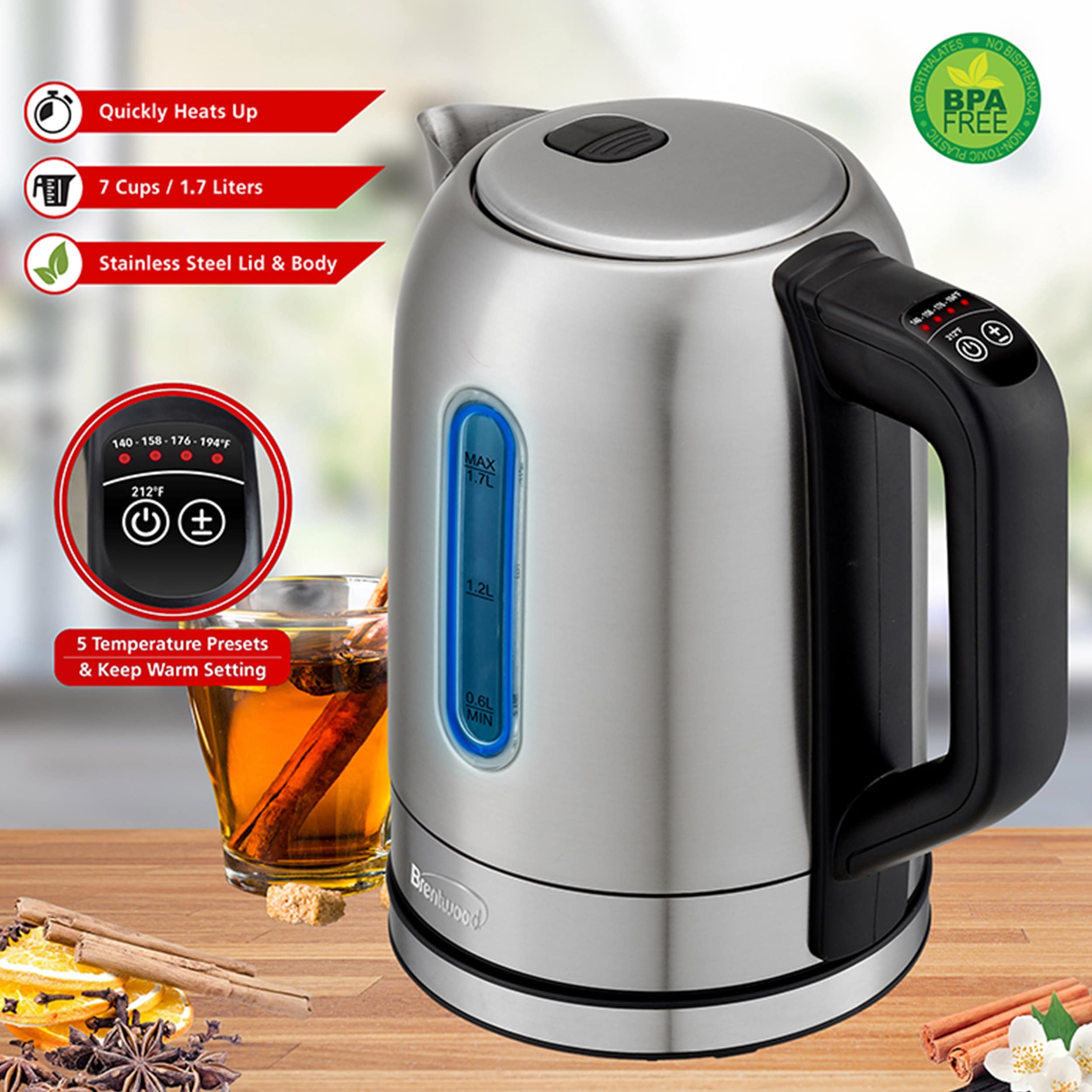 Stainless Steel 7.2 Cup Electric Kettle with 6 Presets