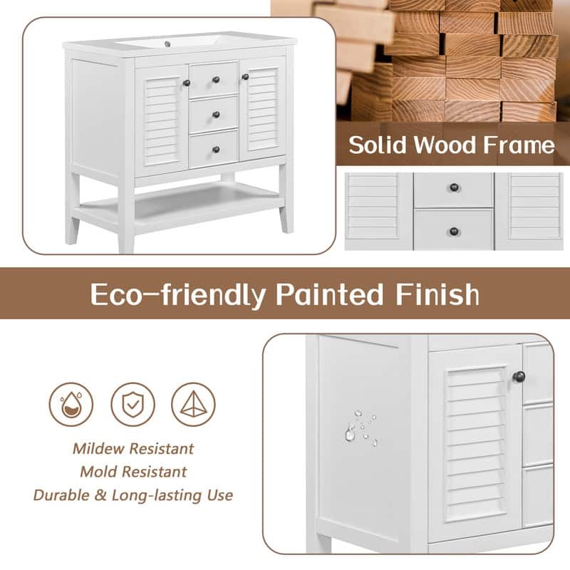 36" Bathroom Vanity with/without Sink, Bathroom Vanity Cabinet with 2 Cabinets and Drawers, Open Shelf, Solid Wood Frame