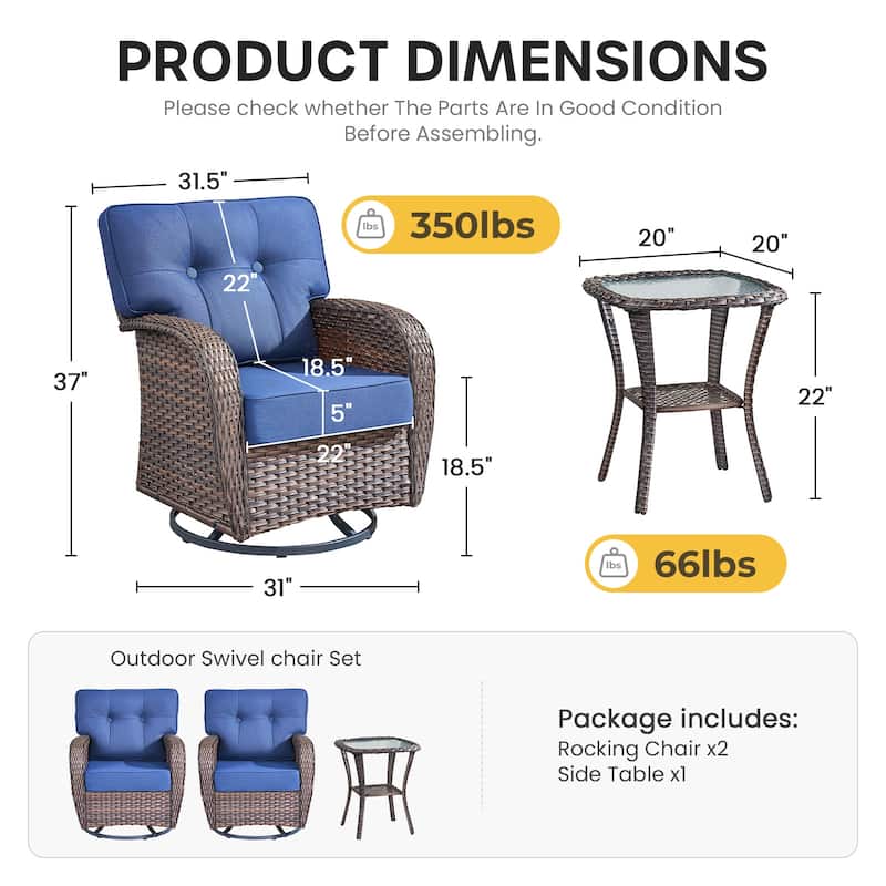 Gymojoy Wide T-Shaped High Back Swivel Glider Chairs Set with Side Table and 5-inch Cusion for Patio & Balcony