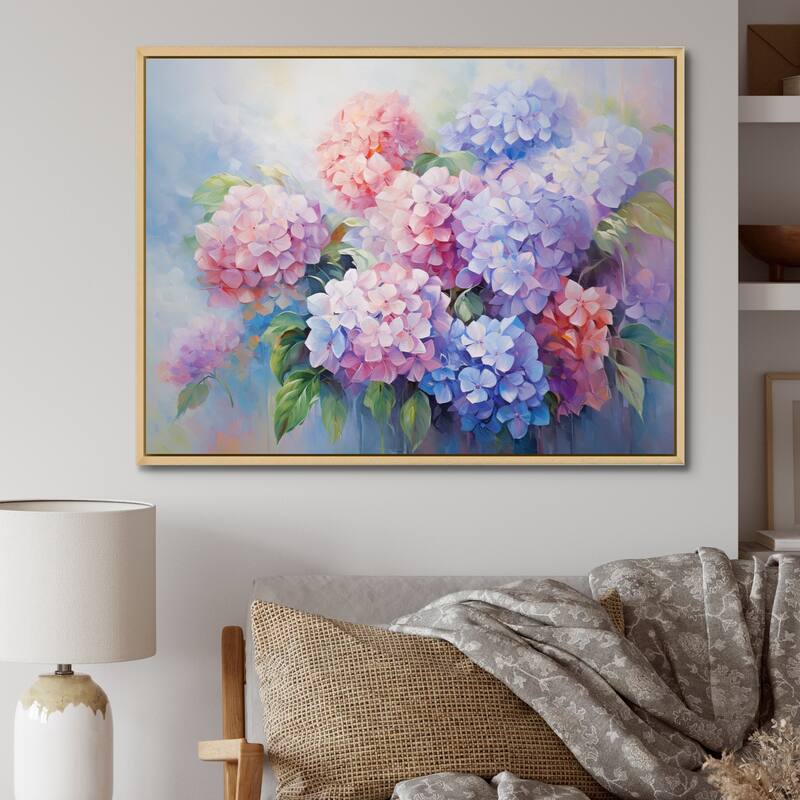 Designart "Purple Pink Hydrangea Romantic Impression" Floral Framed Wall Art Living Room - 20 in. wide x 12 in. high - Natural