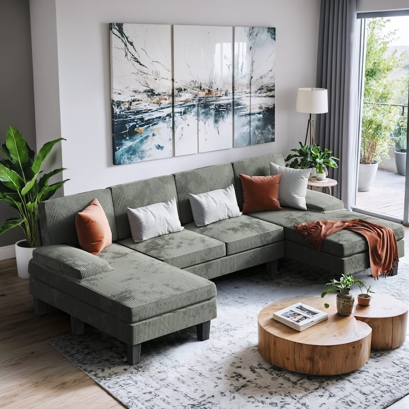 Furniwell Corduroy Modern U-section Modular Sofa - Green