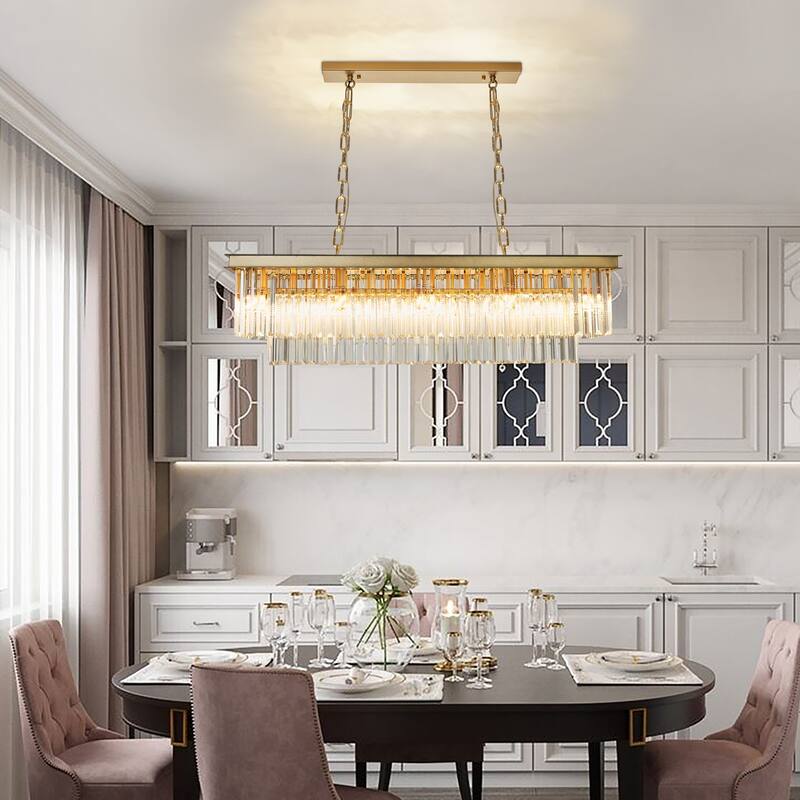 Gold Rectangle Crystal Chandelier, Luxury Pendant Light for Dining Room, Bulbs Included