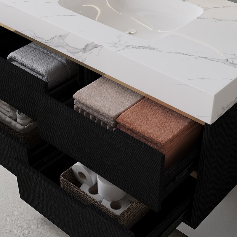 35.4" Modern Bathroom Vanity with Sintered Stone Top, Undermount Sink, 4 Drawers, Freestanding or Wall-Mounted