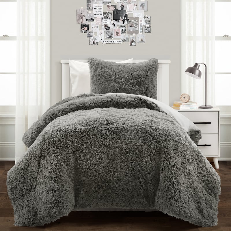 Lush Decor Emma Faux Fur Comforter Set - Dark Gray - Twin XL