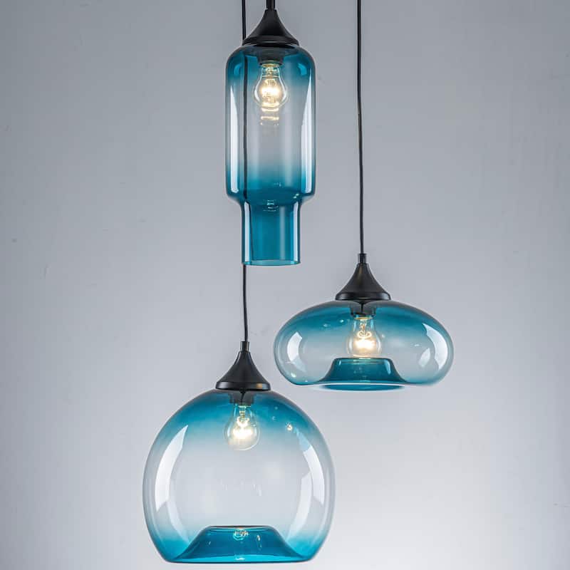 3-Light Modern Black Cluster Pendant Light Gradient Blue Glass Kitchen Island Lighting, Dining Room Ceiling Light
