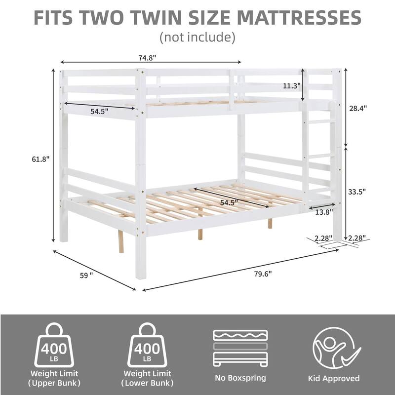Full Over Full Bunk Bed, Thick Wood Posts, High Guardrail, Ladder