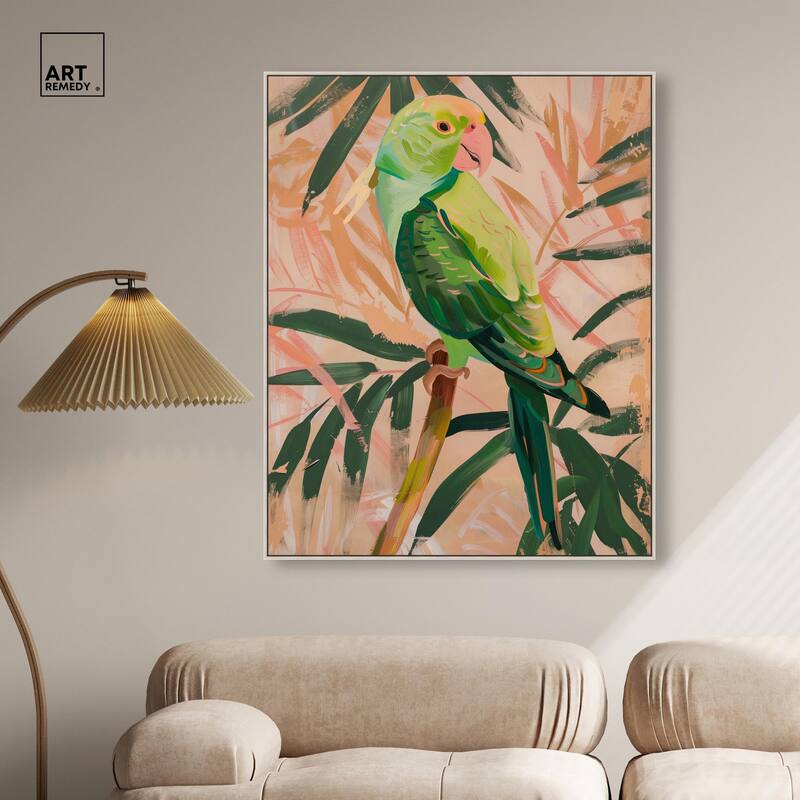 Coral and Green Parrot Canvas by Art Remedy