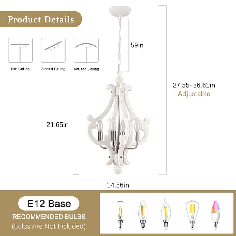 4-Light 14.56-inch Wooden Lantern Rustic Chandeliers for Entryway Hallway
