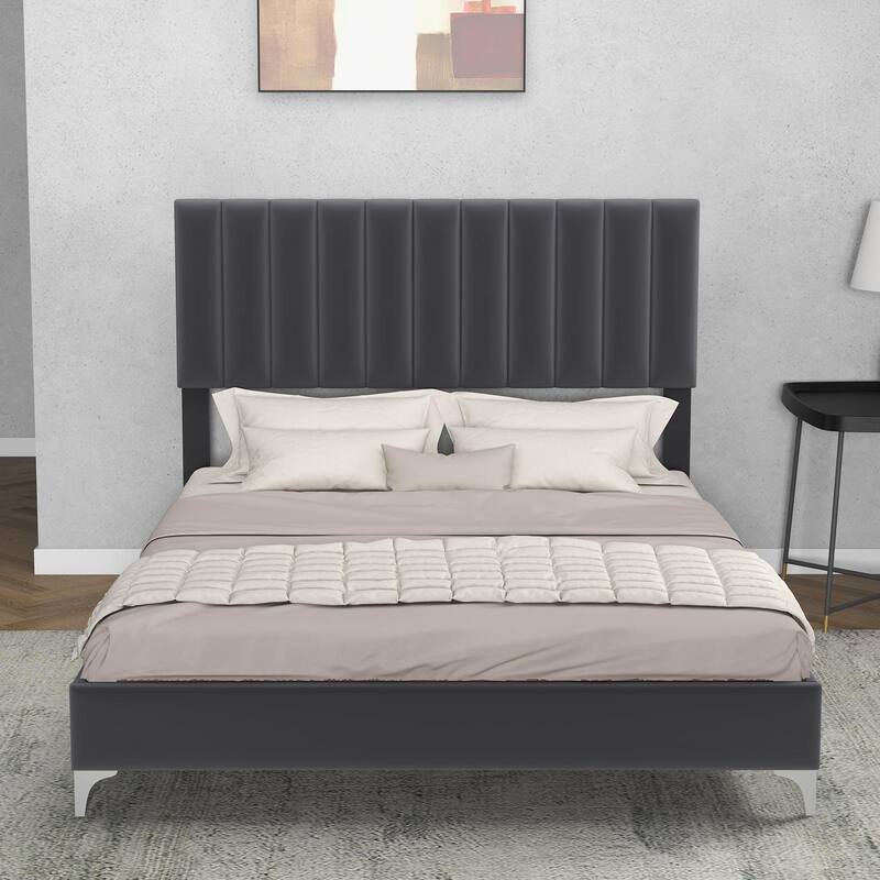 Modern Velvet Platform Bed Frame with Adjustable Headboard