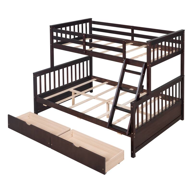 Twin-Over-Full Bunk Bed with 2 Storage Drawers and Ladder, Convertible 2 in 1 Wood Bedframe for Bedroom, Dorm, for Teens, Adults