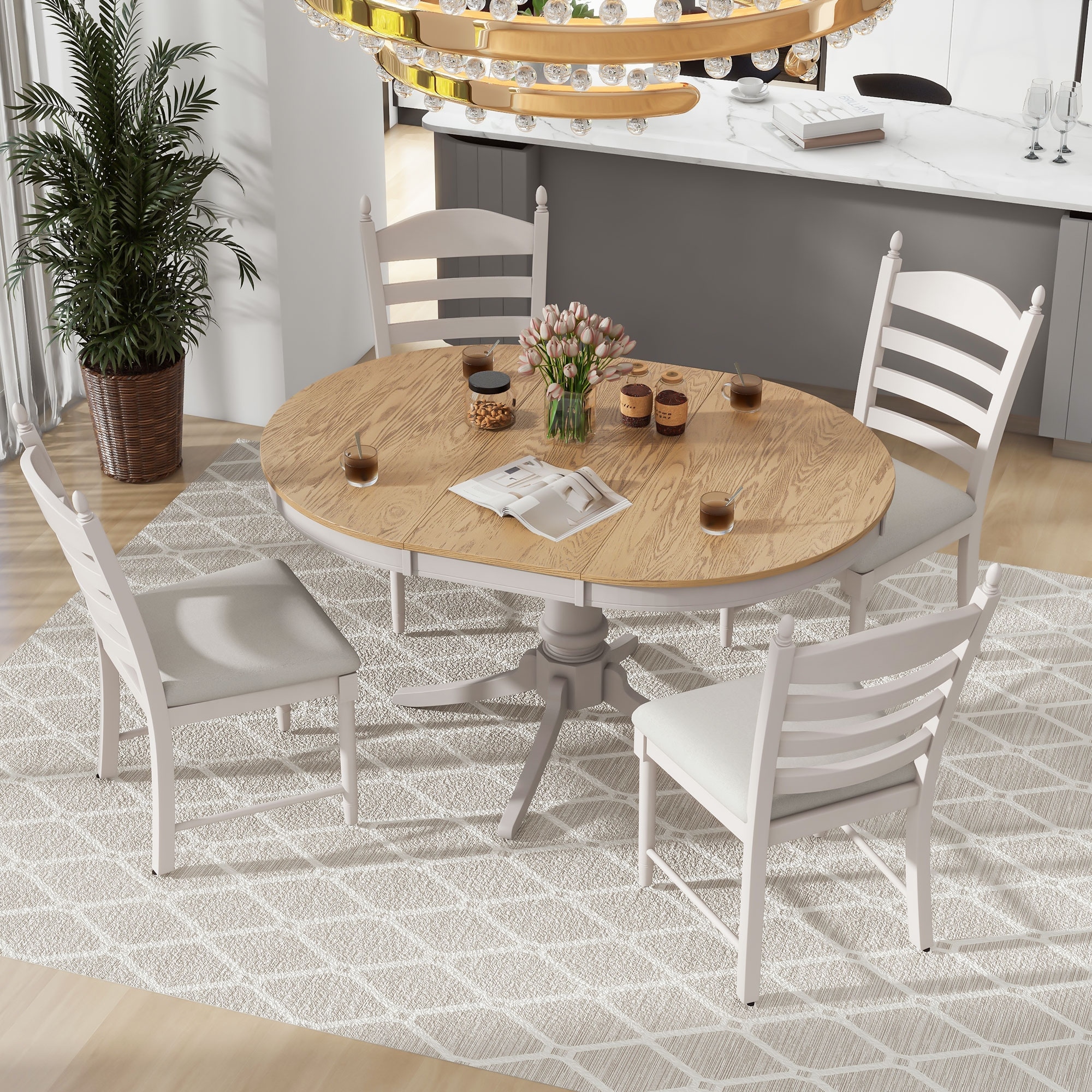 Retro Style 5 Piece Dining Table Set with 4 Upholstered Dining Chairs Extendable Dining Table Off White