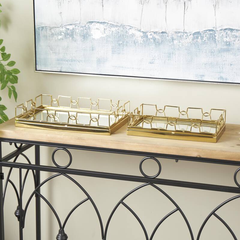 Gold Stainless Steel Metal Mirrored Geometric Living Room Decor Tray with Wire Rod Frame and Mirrored Glass Interior (Set of 2)