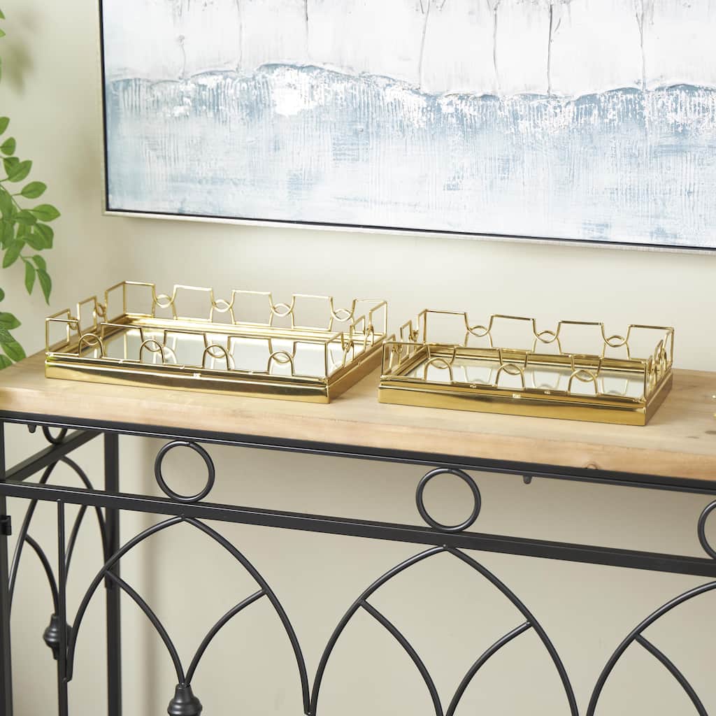 Gold Stainless Steel Metal Mirrored Geometric Living Room Decor Tray with Wire Rod Frame and Mirrored Glass Interior (Set of 2)