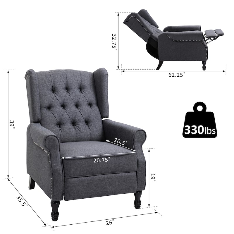 Grey Modern 26" Upholstered Buttons Tufted Recliner Chair with Footrest and Solid Wooden Legs