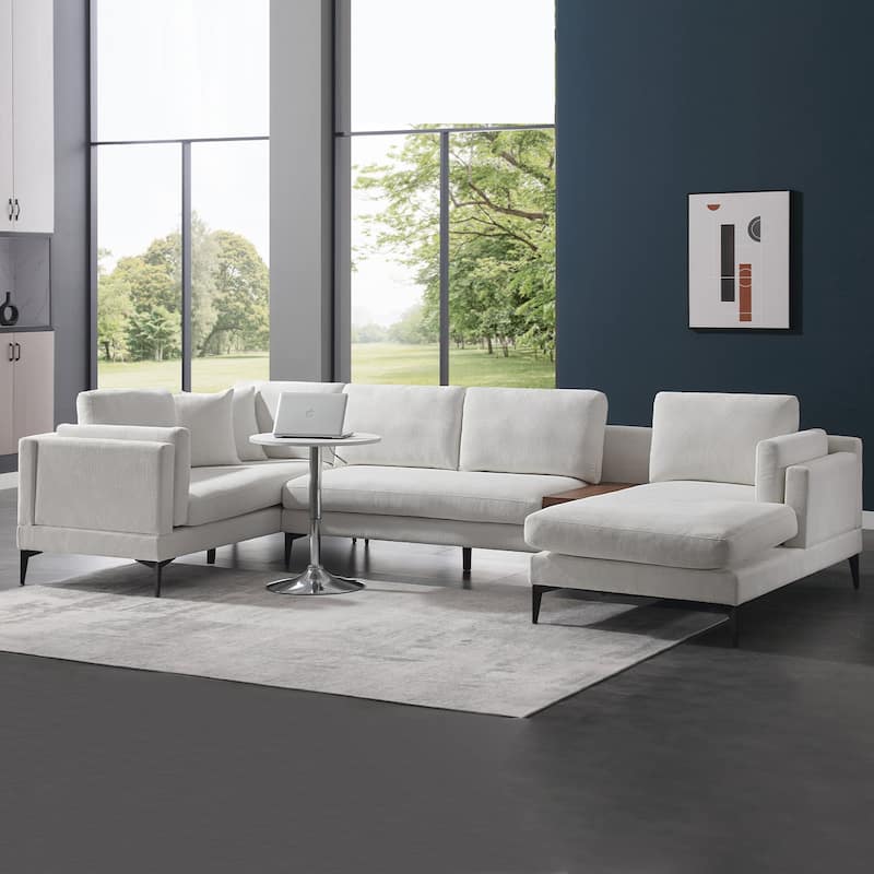 Modular U-shaped Linen Reversible Sofa with a Wooden Side Table Box and Reversible Design