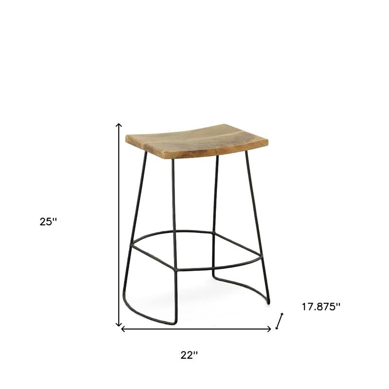 25-Inch Tall Set of 2 Backless Counter Height Bar Stools with Wood Seat and Black Steel Frame - 25”H x 22”W x 17.88”D