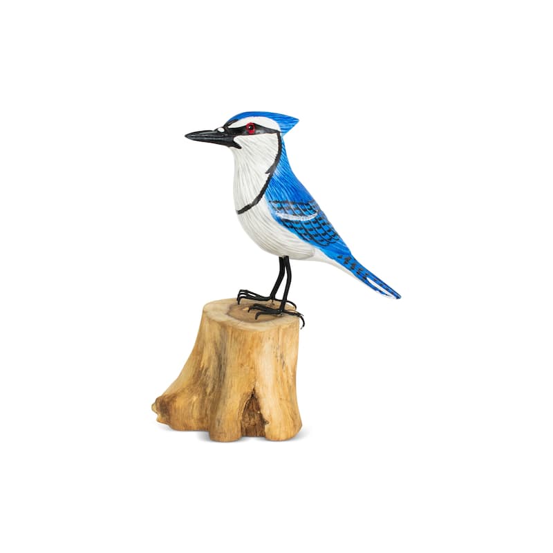 Wood Blue Jay Figurine - Hand Carved Songbird Sculpture, Nature Inspired Bird Decor - 7.5" tall x 5" wide x 3" deep