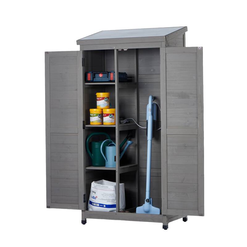 Outdoor Wooden Storage Shed with Metal Top Tall Vertical Tool Cabinet for Backyard Garden Patio Lawn