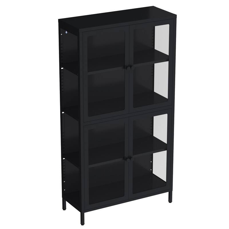 Storage Cabinet with 4 Glass Doors, Modern Sideboard Cabinet with Adjustable Shelves & Steel Feet, Accent Cabinet for Kitchen