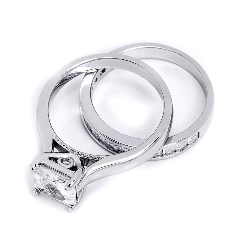 3.0 Carat Princess Cut Wedding Band Engagement Ring Set Bridal Silver